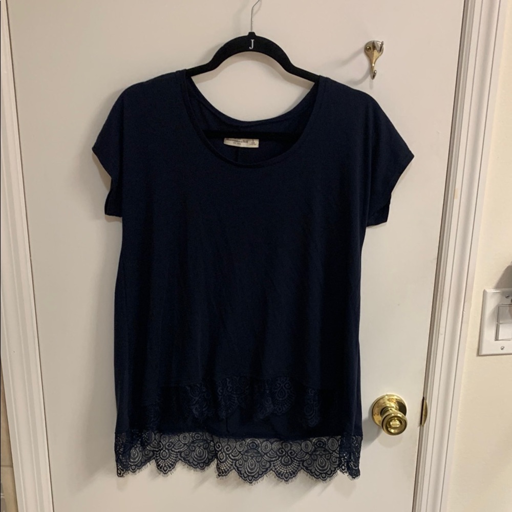 Abercrombie & Fitch Blue Blouse with Lace Hem and Crew Neck